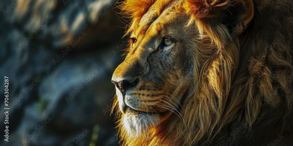 Naklejka premium A close up of a lion's face with a rock in the background. This image can be used to depict the power and strength of the lion in its natural habitat