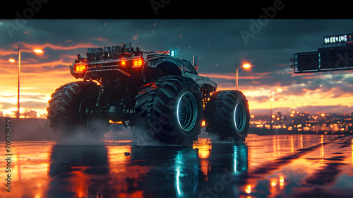 A monster truck stands on a wet road facing a busy city