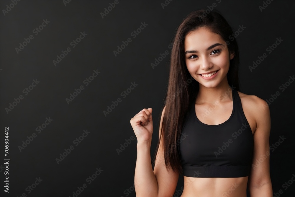 Young fitness woman standing against a black background with copy space. Young fitness woman standing against a black background with copy space.