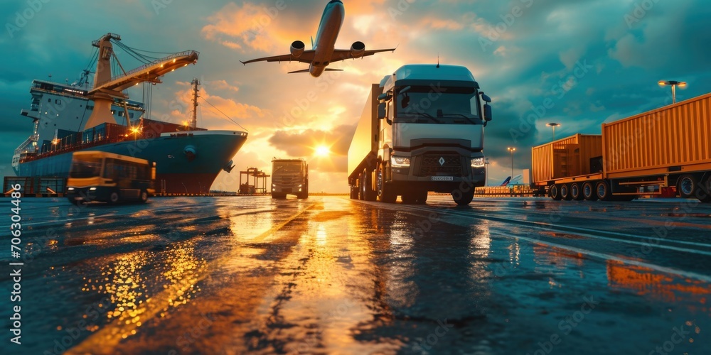 A plane can be seen flying over a truck and a ship. This image can be used to depict transportation or logistics concepts A plane can be seen flying over a truck and a ship. This image can be used to depict transportation or logistics concepts
