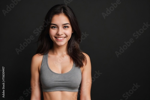 Young fitness woman standing against a black background with copy space.