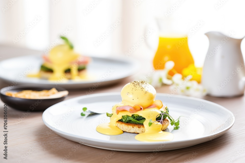 a pair of eggs benedicts on a plate with a small bowl of hollandaise
