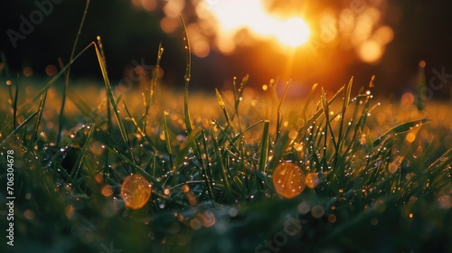 A close up view of grass with sparkling water droplets. Perfect for nature or environmental themes