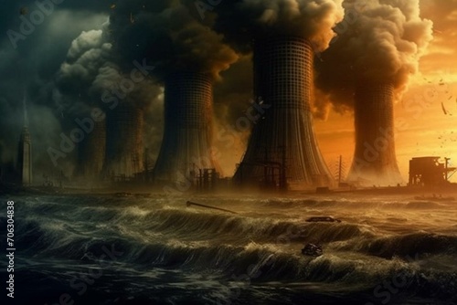 Apocalyptic event: nuclear accident causing overheated cooling towers. Generative AI photo