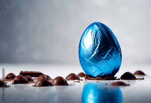 Delizioso Tesoro- Uovo di Cioccolato nel suo Involucro Blu su Sfondo Bianco