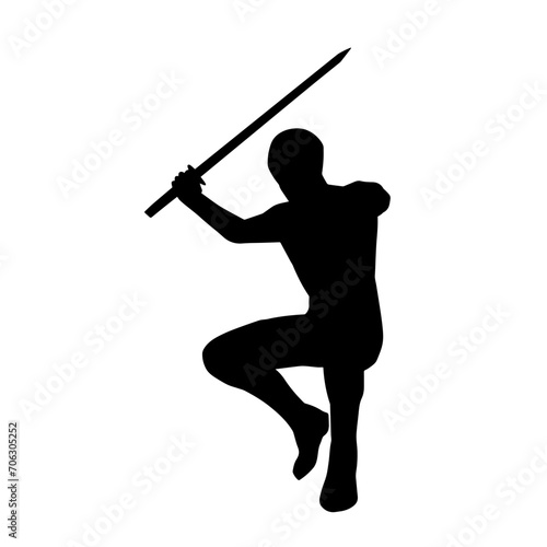 Silhouette of a male warrior in action pose with sword weapon. Silhouette of a man fighter carrying sword weapon.