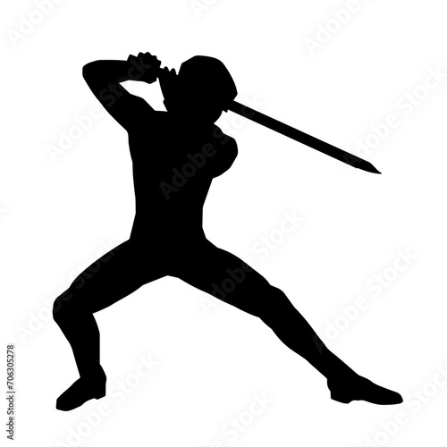 Silhouette of a male warrior in action pose with sword weapon. Silhouette of a man fighter carrying sword weapon.