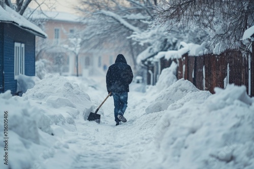 A person is seen walking down a snow covered street with a shovel. This image can be used to depict winter, snow removal, or a snowy urban landscape © Fotograf