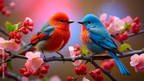 two colorful birds perched on an overgrown flowering branch photo