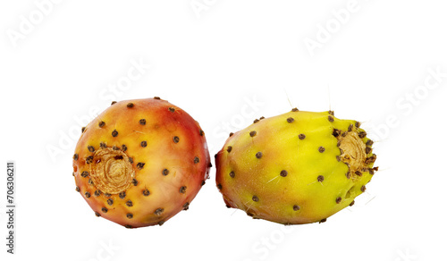 Two cactus figs aka Opuntia Ficus Indica fruit, laying on flat surface. Isolated cutout on a transparent background.
