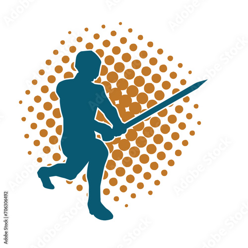 Silhouette of a male warrior in action pose with sword weapon. Silhouette of a man fighter carrying sword weapon.