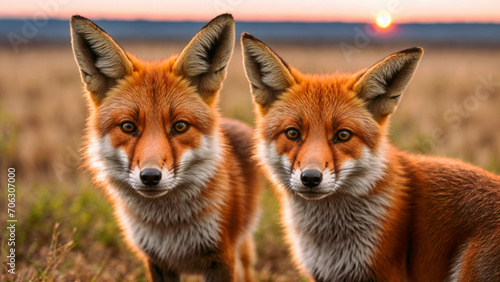 Red foxes on the background of the steppe and sunset. AI © vvicca