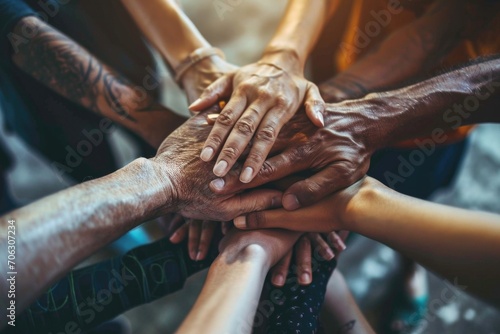 A group of people coming together and putting their hands together in unity. Suitable for team building, collaboration, and community themes © Fotograf