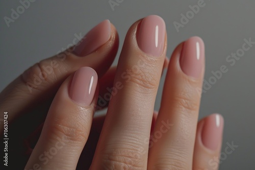 A close-up view of a woman s hand showcasing a beautiful pink manicure. This image can be used to promote nail salons  beauty products  or for articles about nail care and trends