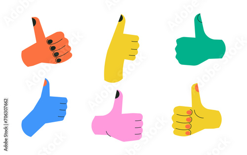 Thumb up hand. Like gesture. Good, great job, well done, ok. Colorful vector illustration. Set of funny cartoon character hands. Cartoon style. Approval, agreement. Best choice concept