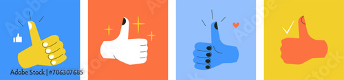 Thumb up hand. Like gesture. Good, great job, well done, ok. Colorful vector illustration. Set of funny cartoon character hands. Cartoon style. Approval, agreement. Best choice concept