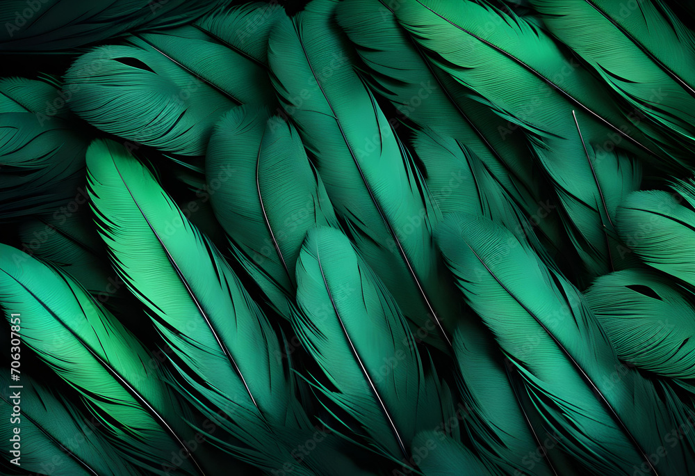 Beautiful abstract green feathers on black background, blue Beautiful abstract green feathers on black background, blue