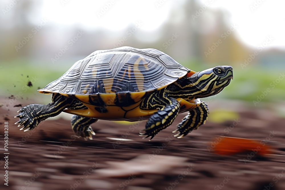 Obraz premium The turtle is running fast on the treadmill. Blurred motion, speed effect. Concept of deadline, business, rush, time, competition.