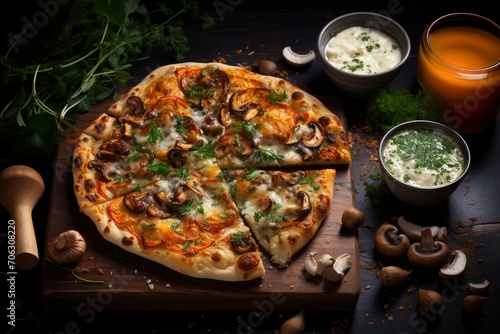 pizza with mushrooms. A delicious pizza in a heart shape on a wooden board in the kitchen. flat-lay photography of pizza on brown wooden pizza pan, pizza on a table, pizza on a board