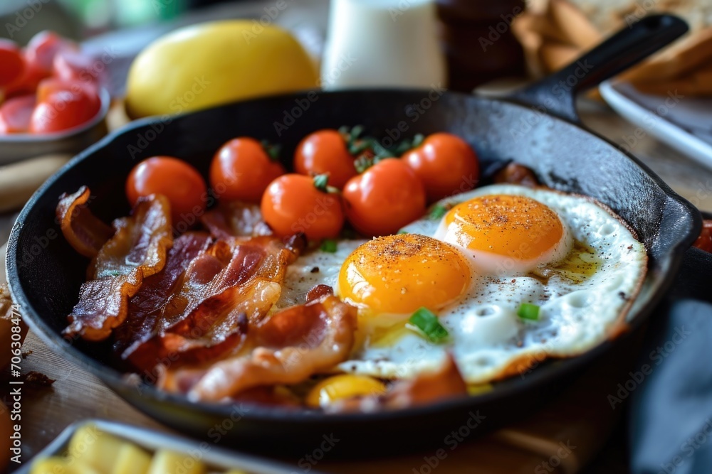 A delicious breakfast of eggs and bacon in a frying pan. Perfect for food blogs, restaurant menus, or cooking websites A delicious breakfast of eggs and bacon in a frying pan. Perfect for food blogs, restaurant menus, or cooking websites