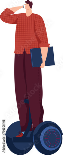 Young man riding a segway and looking forward with style. Casual outfit with a laptop under arm. Modern transportation and urban lifestyle vector illustration.