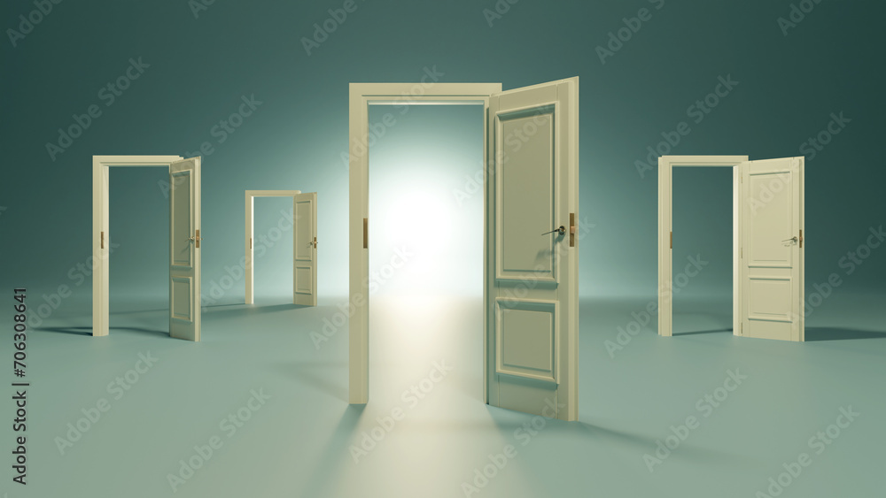 3d render, light going through the open door Architectural design element. Modern minimal concept. Opportunity metaphor 3d render, light going through the open door Architectural design element. Modern minimal concept. Opportunity metaphor