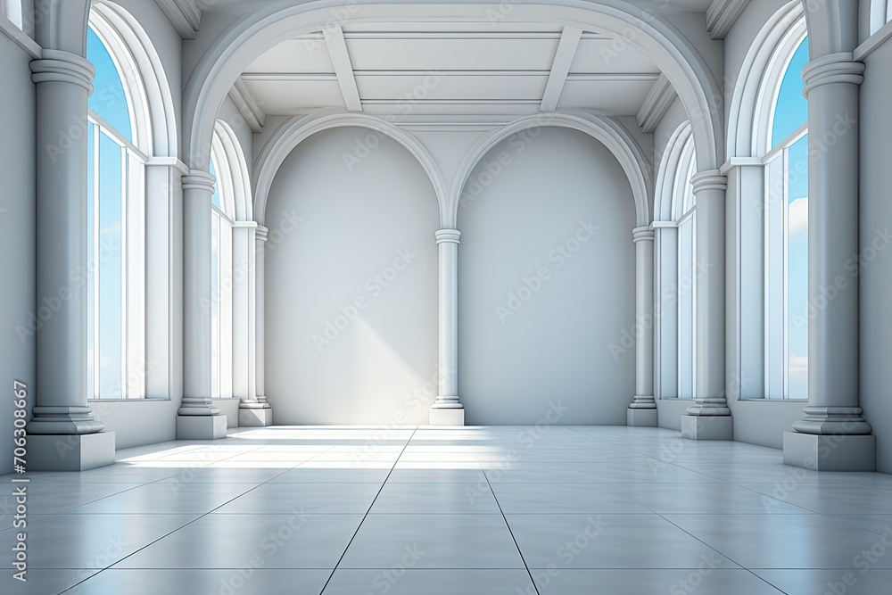 Empty bright chamber, pristine walls, copyspace for text,