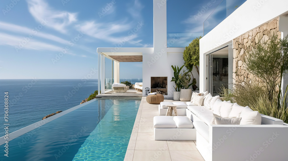 Fototapeta premium All white modern luxury villa with blue sea