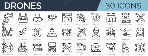 Set of 30 outline icons related to drone. Linear icon collection. Editable stroke. Vector illustration