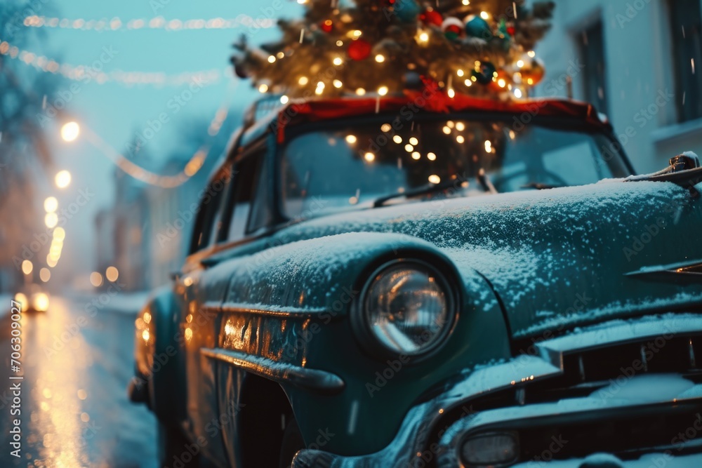 An old car with a Christmas tree on top. Perfect for holiday decorations and festive imagery