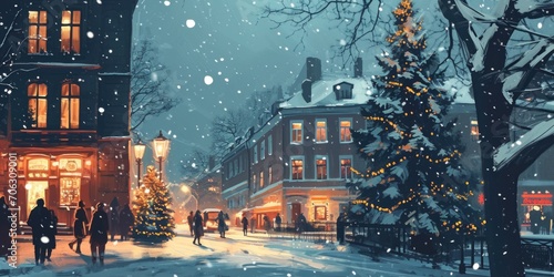 A painting of people walking down a snowy street. Perfect for winter-themed designs and holiday illustrations © Fotograf