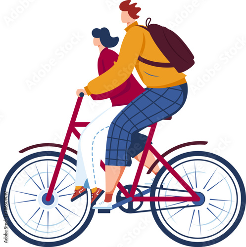 Young couple rides a tandem bicycle together, casual style, leisure activity. Bonding time and eco-friendly transportation vector illustration.