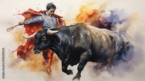 Watercolor_torero_and_bull photo