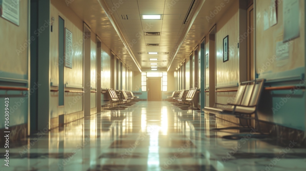 A picture of a long hallway with benches and a clock on the wall. Perfect for illustrating waiting areas or time management concepts A picture of a long hallway with benches and a clock on the wall. Perfect for illustrating waiting areas or time management concepts