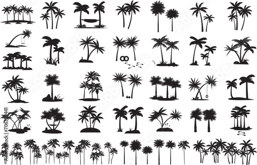Black palm tree set vector illustration isolated on white background silhouette art black white stock illustration logo icon png. tropical, beach, landscape, pattern, paradise, coconut background photo