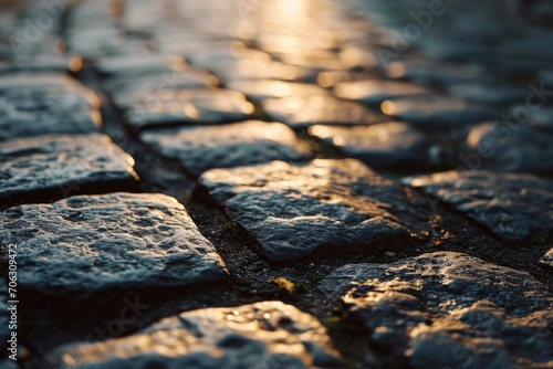 A close up of a cobblestone street at sunset. Perfect for adding a touch of nostalgia and charm to any project