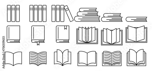 Open book vector icon set. library dictionary symbol. read education publication sign.  school story notebook line icon. manual brochure sign. 
stack of books symbol. photo