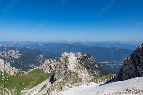 Scenic view of high alpine Mangart road (Mangartska cesta) seen from Mangart Saddle (Mangartsko sedlo) in untamed Julian Alps, border Slovenia Italy, Europe. Hiking wanderlust in Friuli Venezia Giulia photo