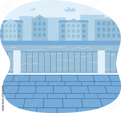 Stylized cityscape with blue buildings, riverfront view, modern city vector illustration. Urban architecture, waterfront district, calm city scene vector illustration.