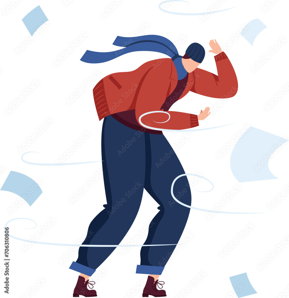 Fototapeta premium Woman in winter clothes struggling against the wind. Person holding hat and fighting strong breeze, papers flying around. Windy weather challenge vector illustration.