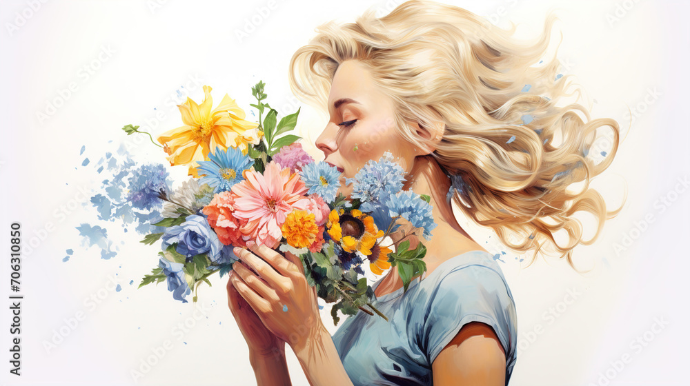 blonde_woman_snifing_a_bouquet_of_flowers