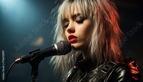 Punk,rock or heavy metal Attractive girl performer singer sings with a microphone. Glam rock style on stage close up photo