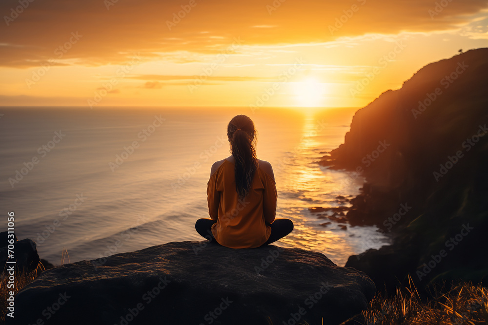 Show a person in deep meditation - sitting on a cliff's edge overlooking the vast ocean as the sun sets.