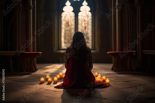 Capture a solitary figure kneeling in prayer in a quiet - dimly lit chapel - surrounded by flickering candles and colorful stained glass