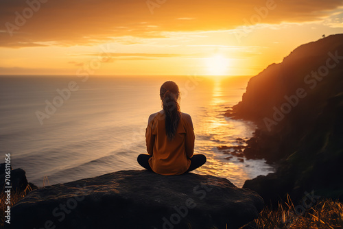 Show a person in deep meditation - sitting on a cliff's edge overlooking the vast ocean as the sun sets.