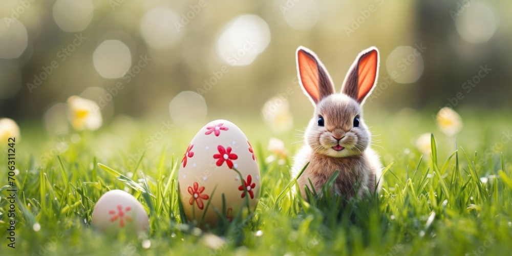 Easter bunny in green grass with painted eggs, sunny day, egg hunt, Happy Easter banner background Easter bunny in green grass with painted eggs, sunny day, egg hunt, Happy Easter banner background