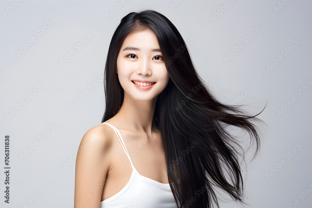 Radiant Asian teenager with flowing hair, emanating positivity through a brilliant smile, captured against a clean white background for a youthful and vibrant feel. Generative AI. Radiant Asian teenager with flowing hair, emanating positivity through a brilliant smile, captured against a clean white background for a youthful and vibrant feel. Generative AI.