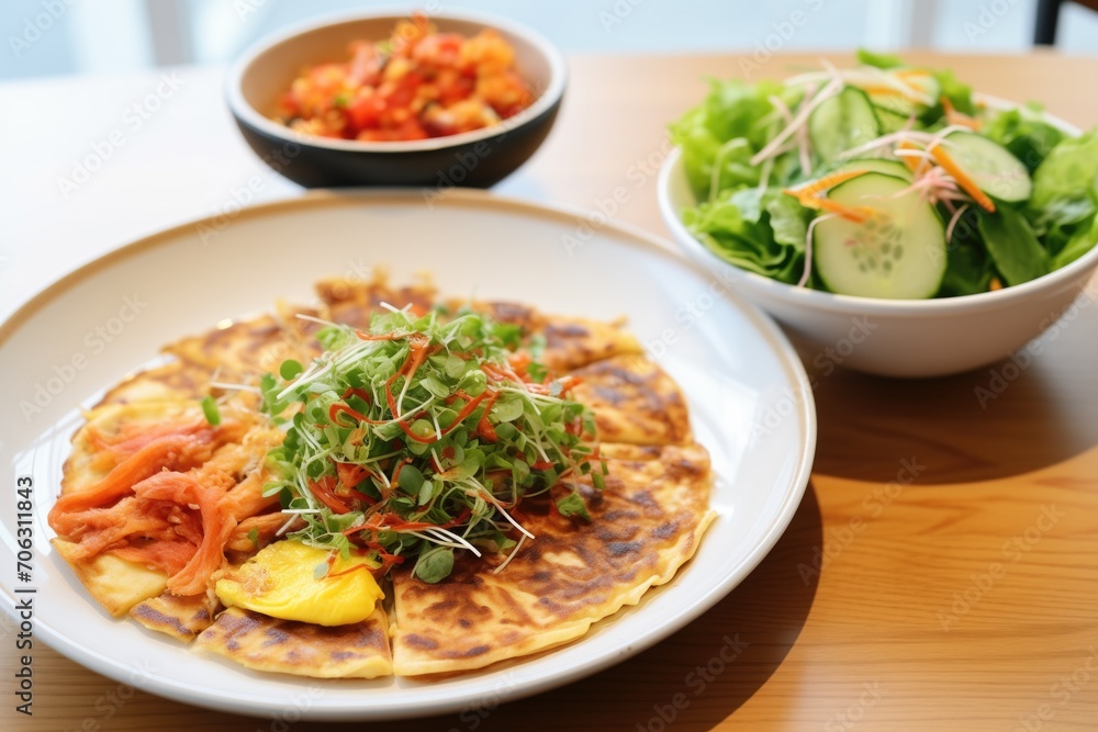 kimchi pancake accompanied by fresh salad kimchi pancake accompanied by fresh salad
