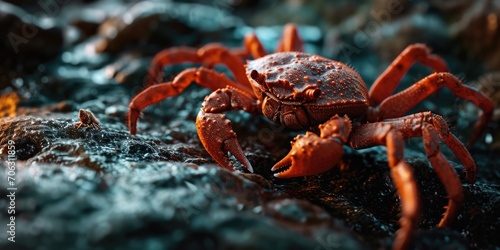 A crab sitting on a group of rocks. Perfect for beach-themed designs or marine life illustrations © Fotograf