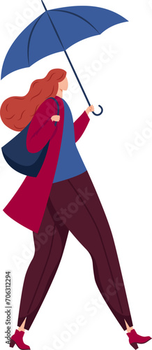 Redheaded woman walking with blue umbrella, casual style, windy weather. Modern female lifestyle, autumn fashion vector illustration.